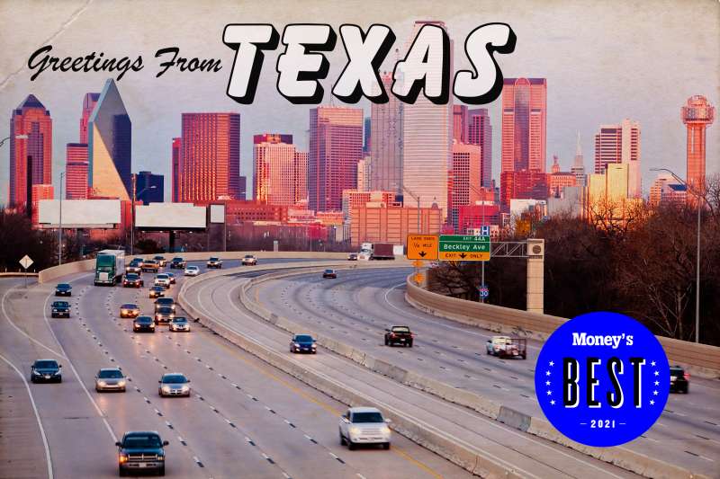 Postcard looking Texas highway with text says,  greetings from Texas.