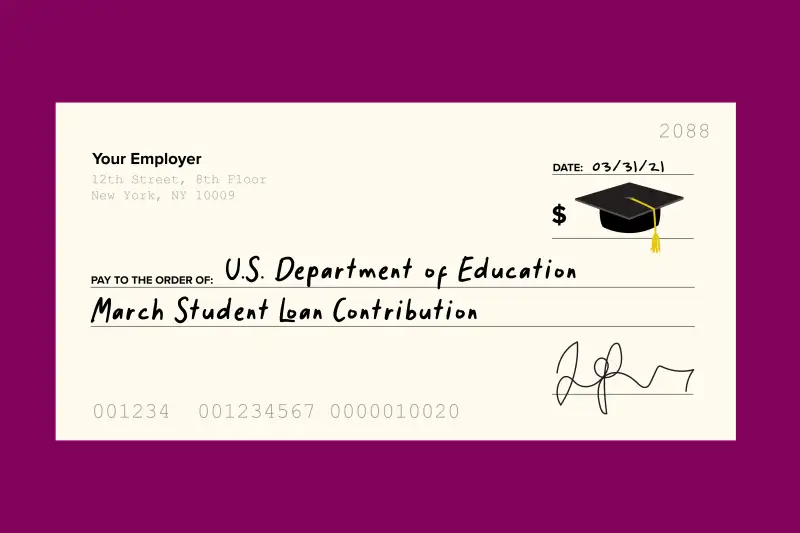 Illustration of a paycheck from your employer made out to the U.S. Department of Education for a student loan contribution.