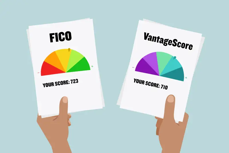 Illustration of two hands holding A FICO credit score report and a VantageScore credit report.