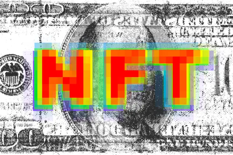 Pixelated art of a hundred dollar bill and the letters NFT