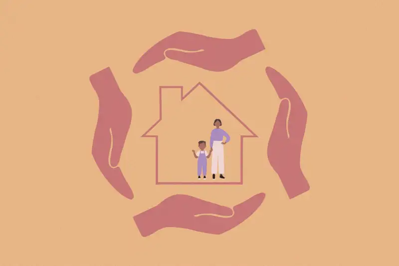 Mother and son inside an outilne of a house covered on every side by large hands