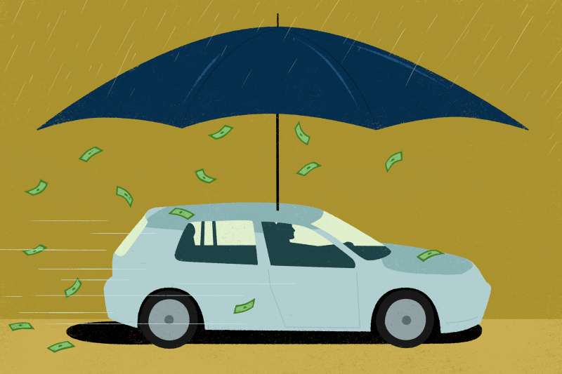 Car with an umbrella on the top, raining in money underneath.