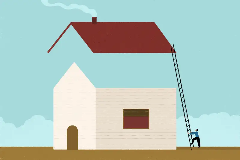 A man is trying to climb up the ladder to a house roof, which is detached from the house floating in the sky.