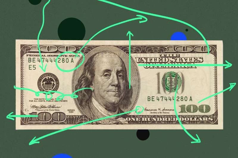 One hundred dollar bill with arrows pointing to different directions.
