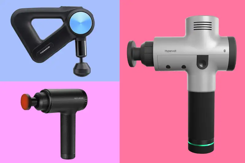 Three Massage Guns on a colored background