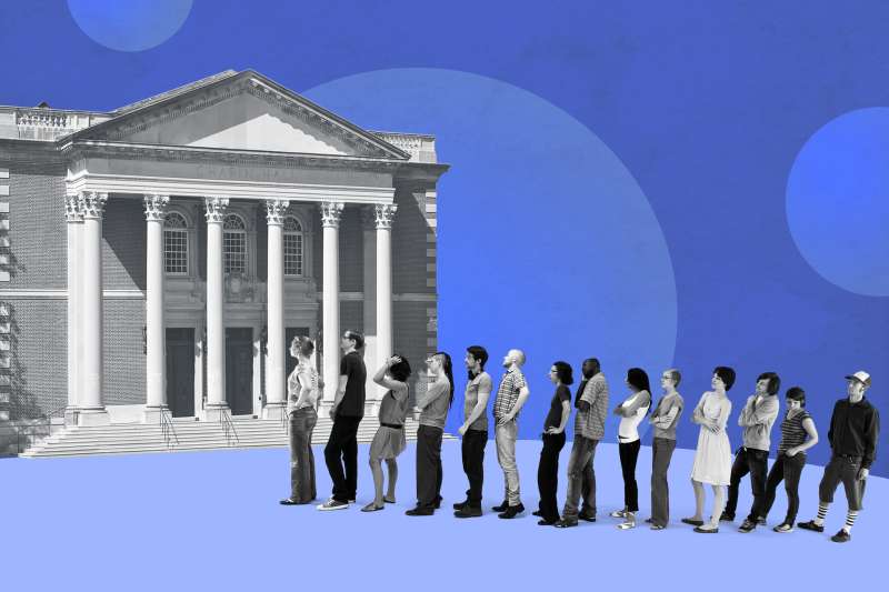 Photo Illustration of a long line of people waiting to get into a University building
