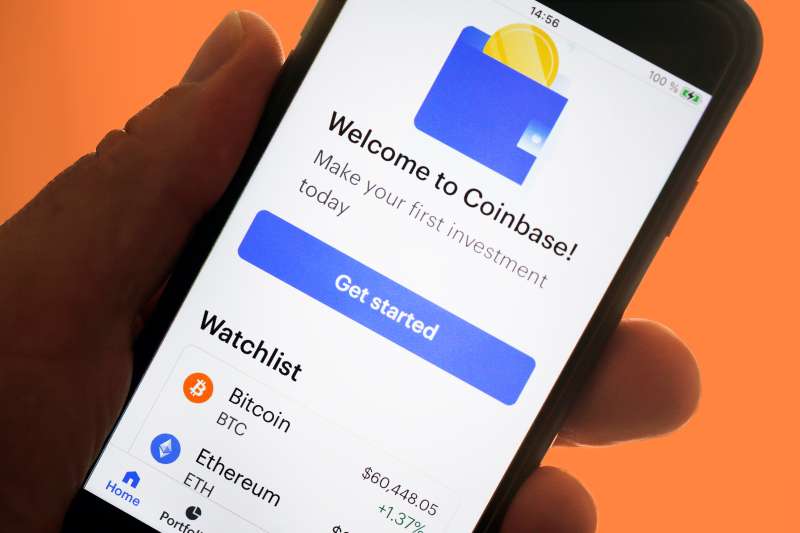 Home page of the Coinbase application displayed on the screen of an iPhone