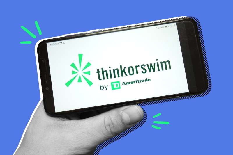Hand holding a phone with the Think or Swim app open over a colored background