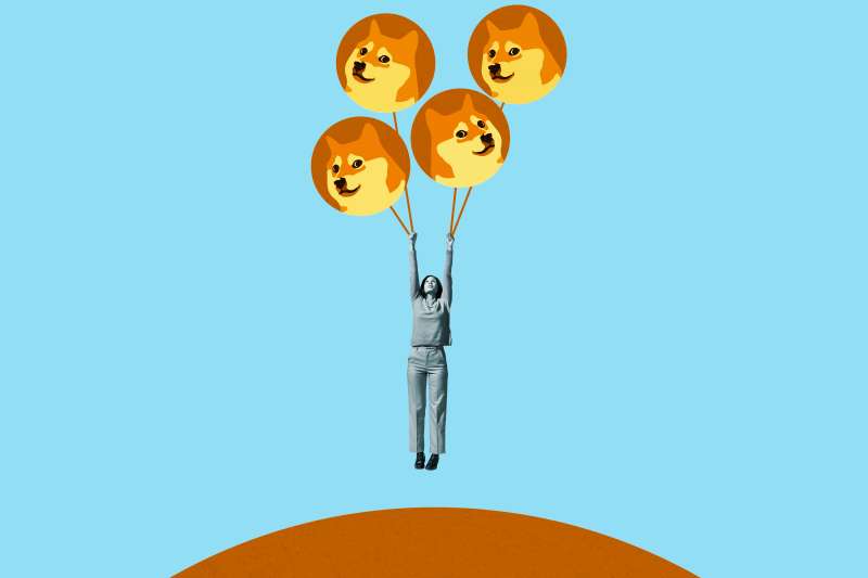 Woman being lifted up in the air by cryptocurrency Dogecoin balloons
