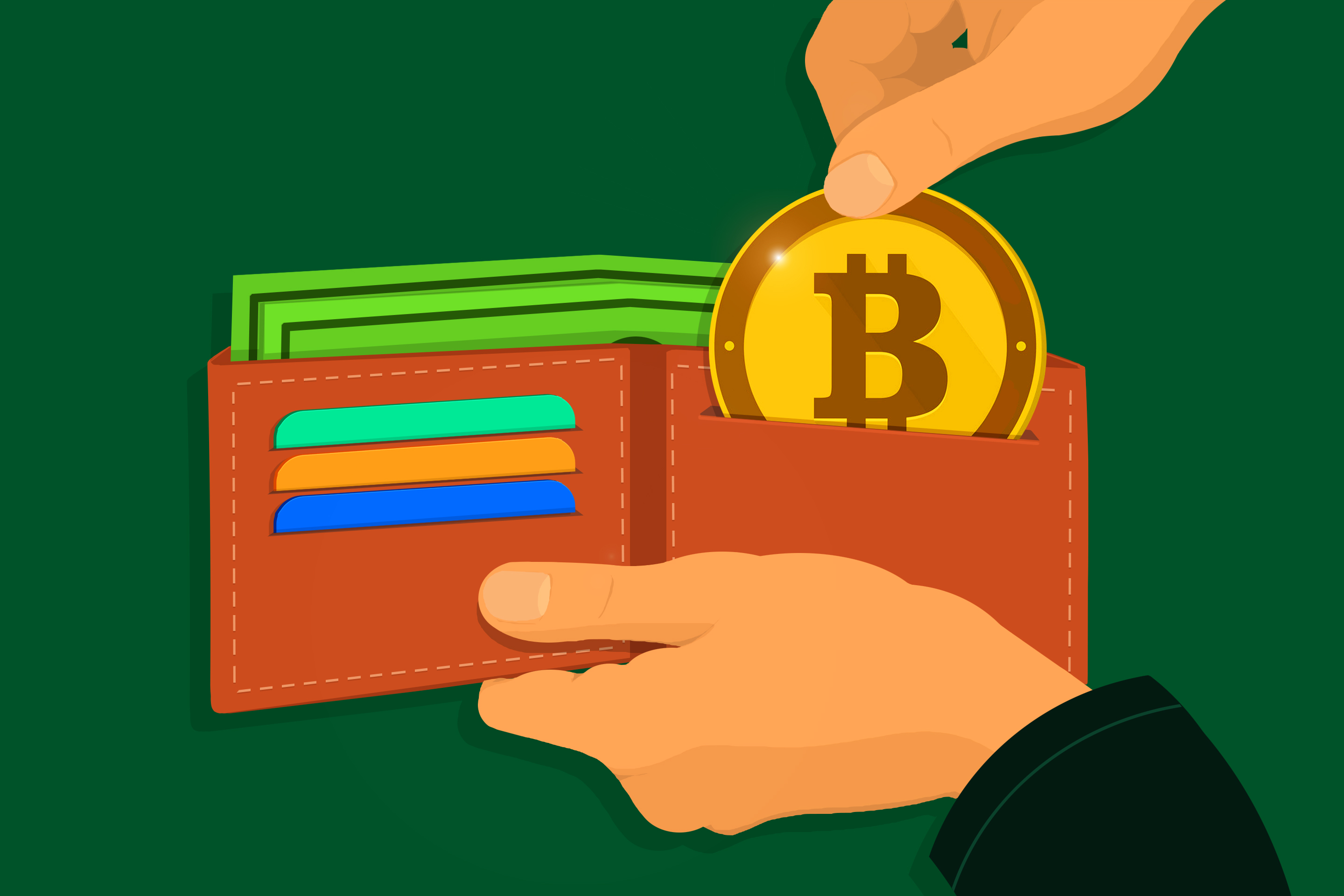 A person is pulling out bitcoin from the wallet, looking to spend it.