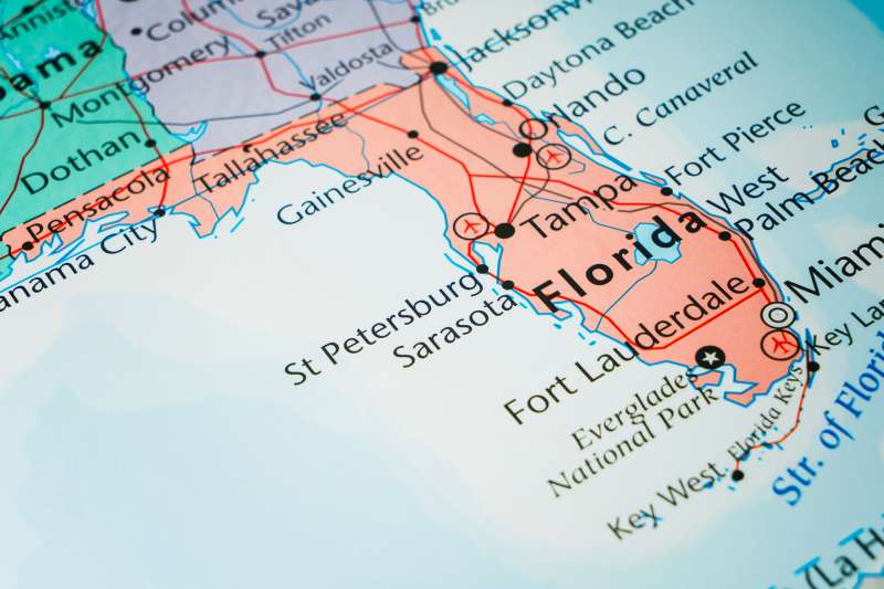 Map of the state of Florida with its major cities
