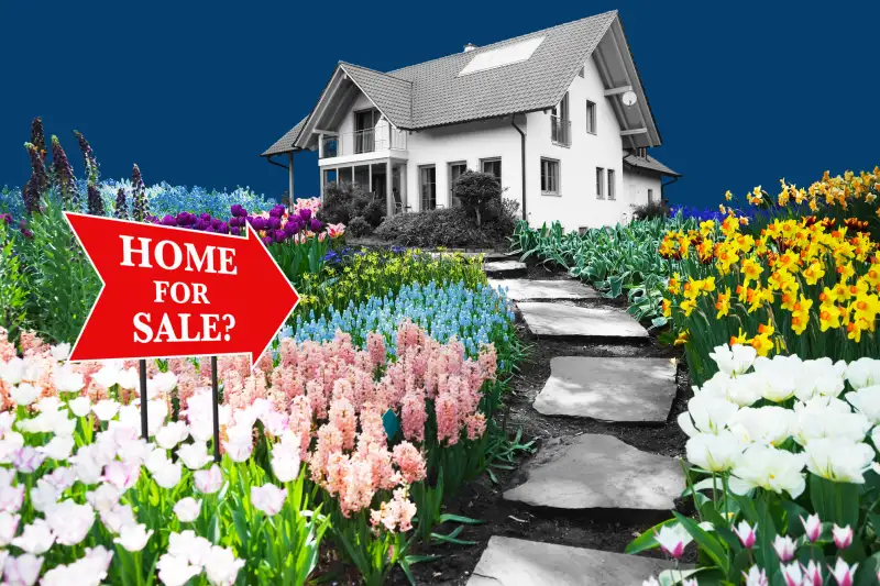 A Home for sale sign with a question mark and a path of flowers that leads to a home.