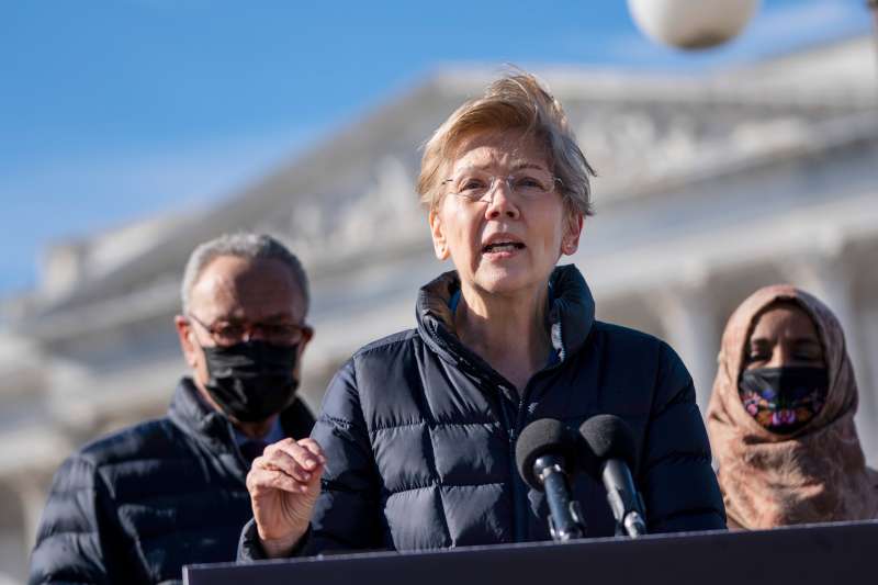 Sen. Elizabeth Warren speaks during a press conference about student debt