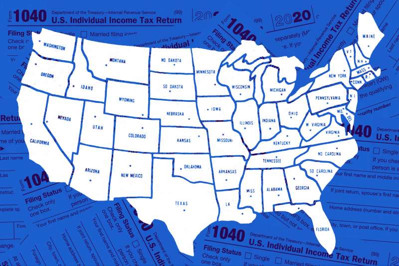 Map of the United States with a lot of 1040 Income Tax Forms in the Background.
