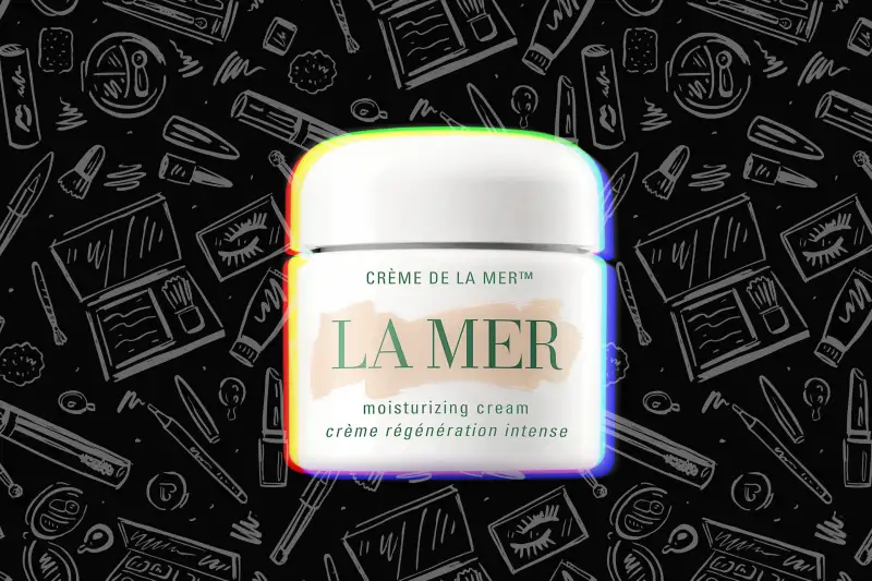 La Mer Moisturizing Cream over a background with cosmetics product drawings