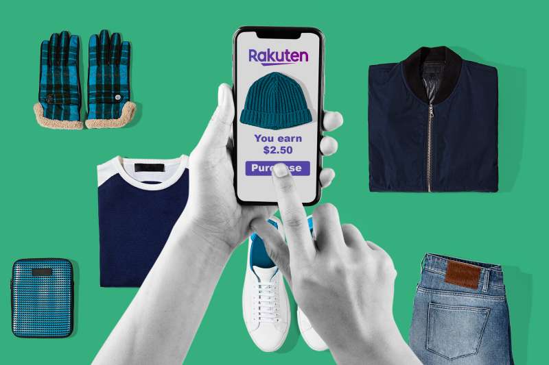 Hands with a phone, purchasing clothes and saving money through Rakuten app