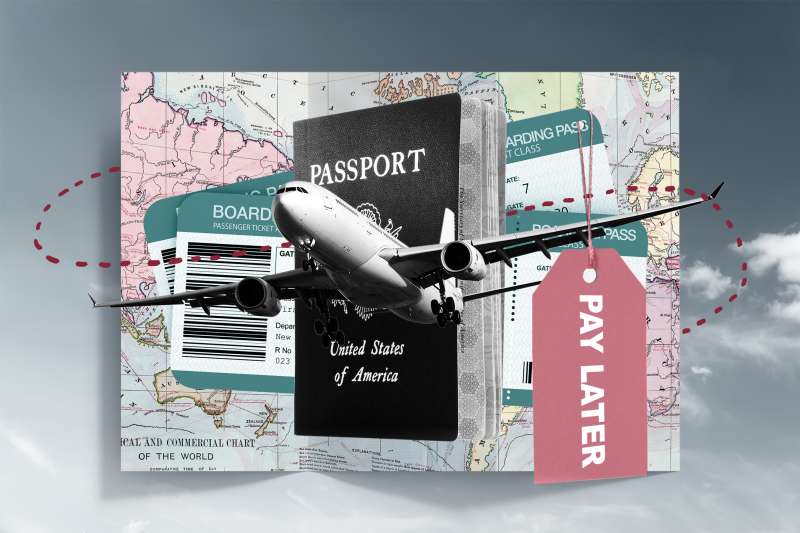 Photo collage of a plane over a map, passport and two boarding passes with a tag that says  Pay Later