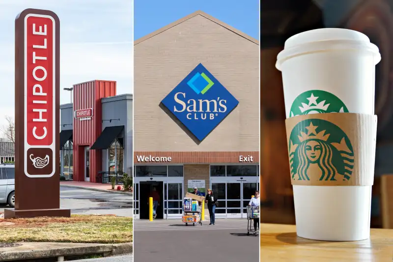 Triptych of a Chipotle Mexican Grill, Sam's Club store and a Starbucks coffee cup