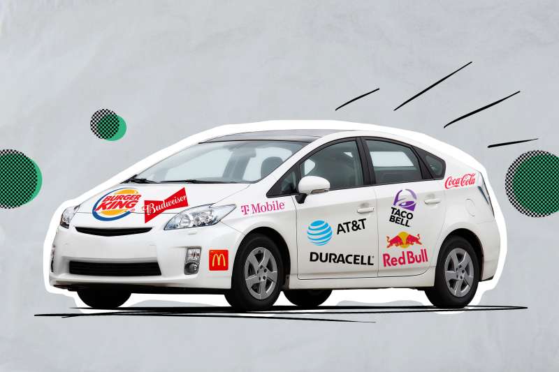Photo collage of a car wrapped with multiple logos