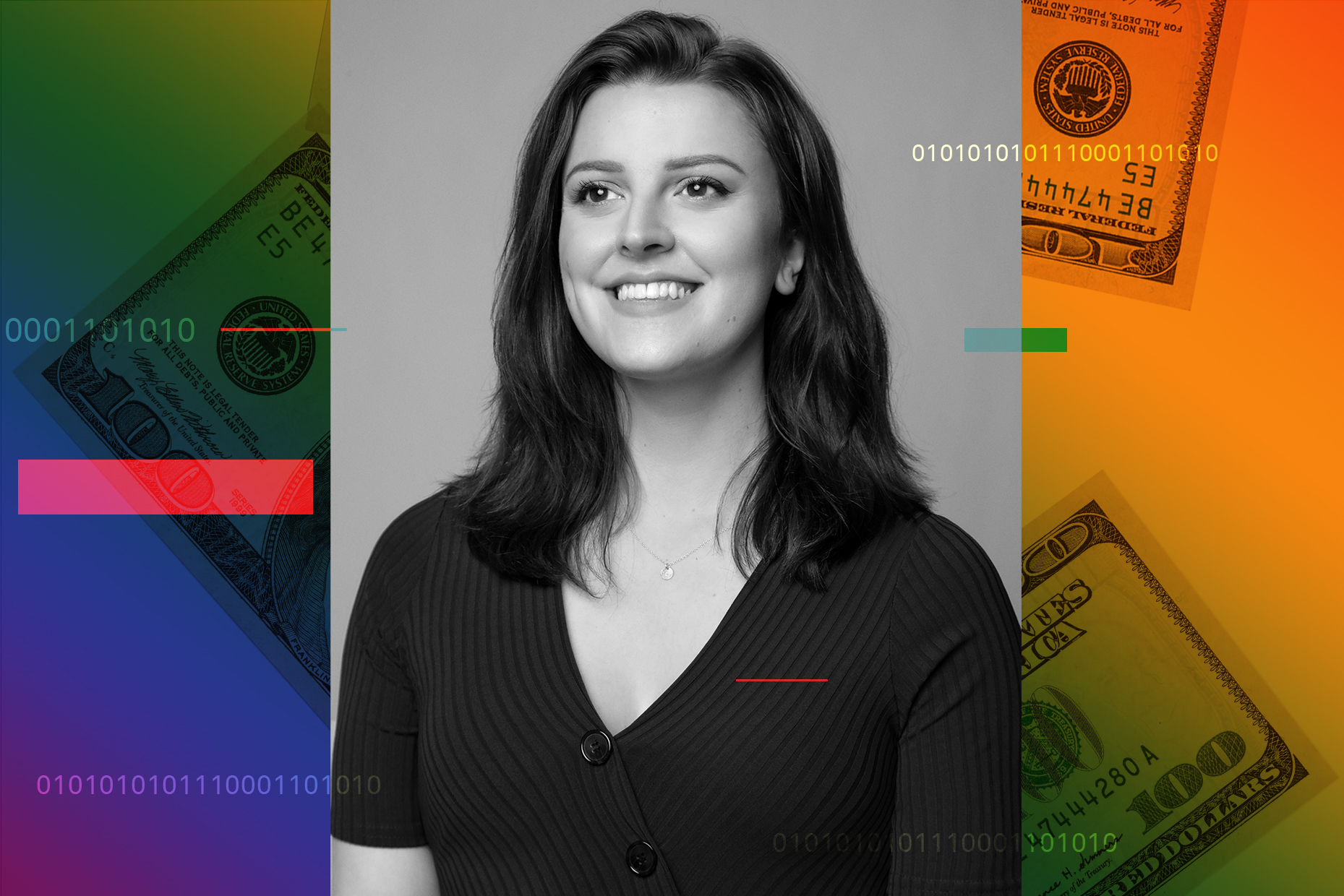Photograph of Billie Simmons over a rainbow colored background and hundred dollar bills