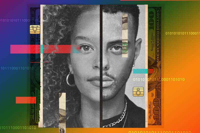 A composite image made from halved male and female facial features, and hundred dollar bill on the rainbow backdrop.