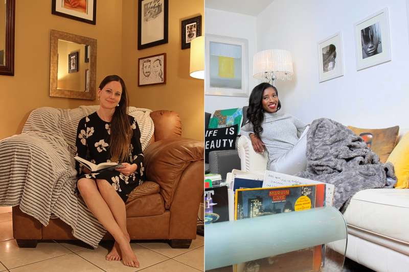 Two photographs of two young women sitting in their living room couches