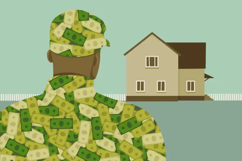 A veteran with money camo on, contemplating a down payment on a house