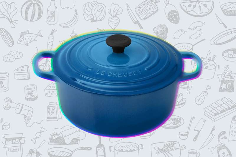 Le Creuset Dutch Oven over a background with cooking utilities and food drawings
