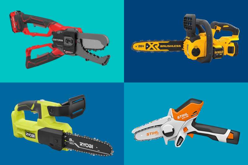 Four Mini Chainsaws on a colored background