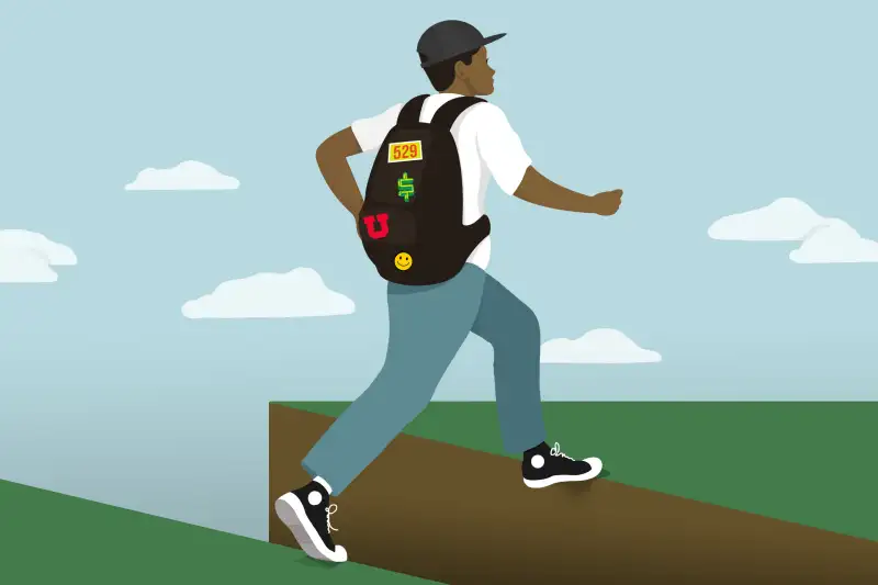 A college kid with various patches on his backpack (representing the 529 savings plan) leaping over a cliff edge.