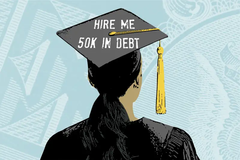 Illustration of a Student with the words Hire Me 50K in Debt on her graduation cap