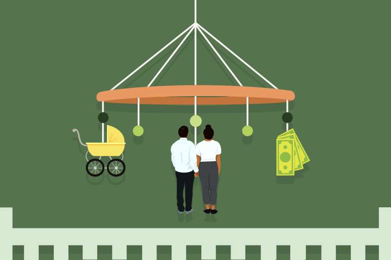 A crib mobile with the elements all separated and out-of-reach from each other: baby & money being on either side of the couple
