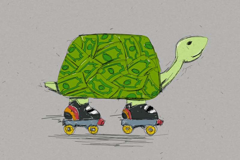 Turtle On Roller Skates With A Shell Made Out Of Dollar Bills
