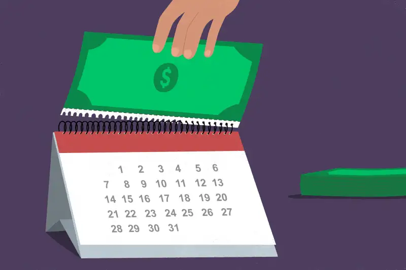 A hand is taking a calendar page out from the desk calendar, and each calendar page is a money bill.