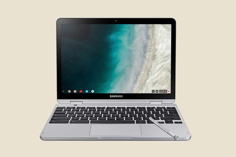 Samsung Chromebook Plus V2 on a colored background