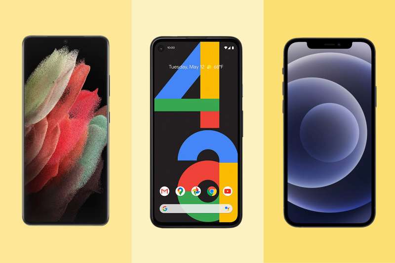 Three smartphones on a colored background