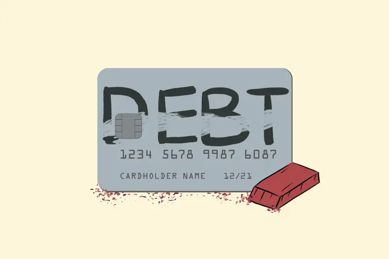 Illustration of a credit card with the word  Debt  written on it, partially erased