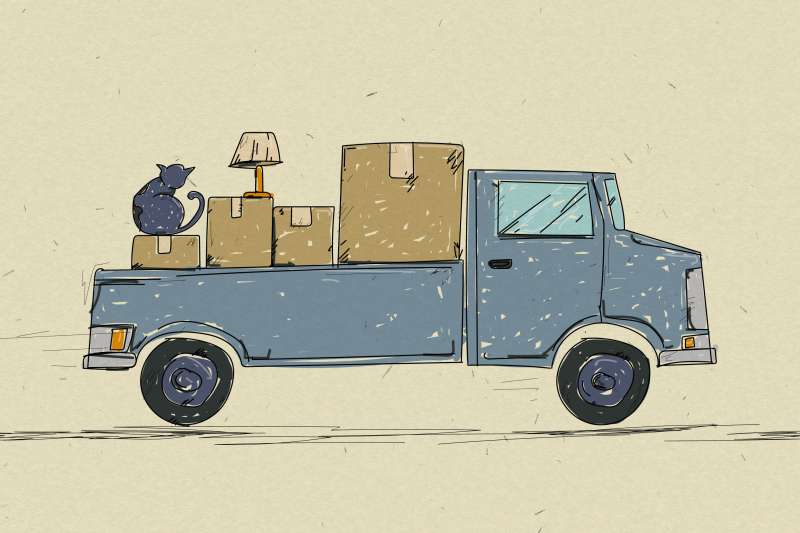 Pickup Truck With Boxes With A Cat On Top Of A Box