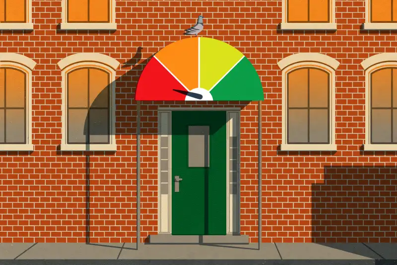 Apartment building with credit score color wheel awning.