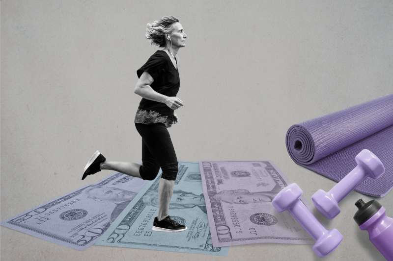 Collage of a woman running over descending dollar bills and a yoga mat with weights and a water bottle in the corner