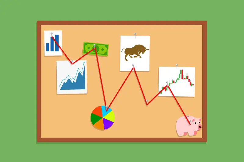 Mystery investigation boards with a red string connecting to investing components, such loose charts, piggy bank, and money bill.