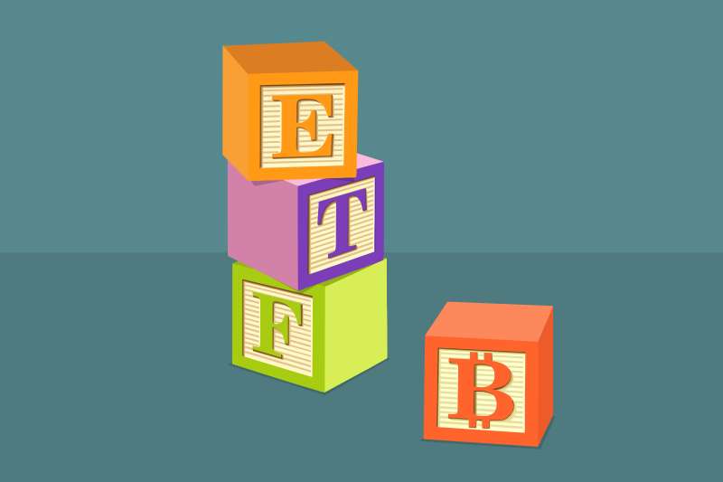 A few alphabet blocks with ETF spelled out in a stack and a  Bitcoin  block waiting to be placed on top to complete the stack