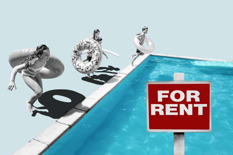 Collage of kids jumping into a pool that has a  For Rent  sign