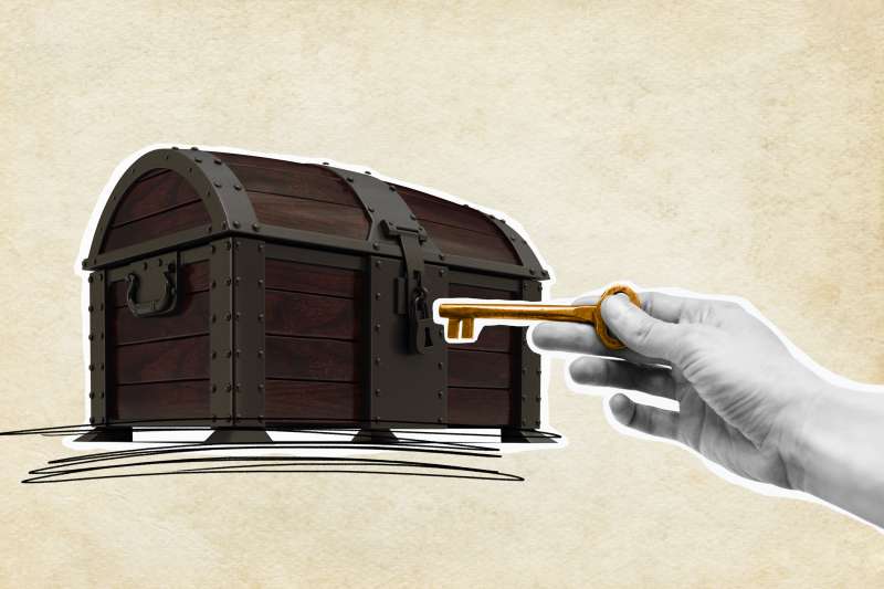 Collage of a hand holding out a key to open a locked treasure chest