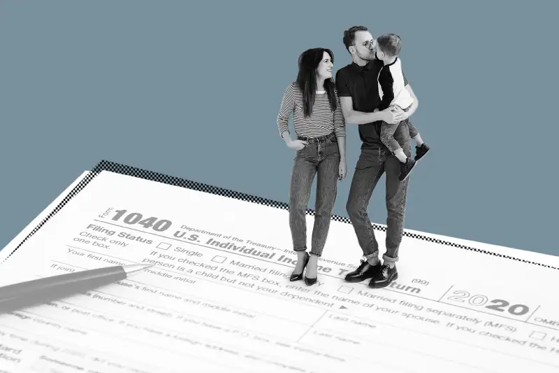 Collage of a wife and husband with their young son standing on a 1040 Tax form