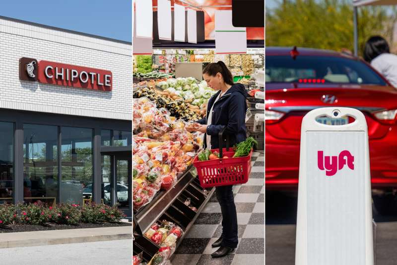 Triptych of Chipotle Mexican Grill, a woman shopping for groceries and a Lyft sign with a car in the background