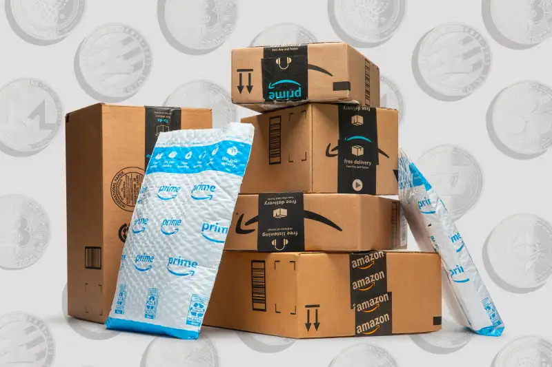 Multiple Amazon delivery boxes with cryptocurrency coins in the background