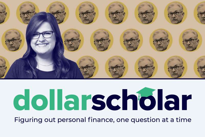 Dollar Scholar banner with Jerome Powell headshot pattern in the background.