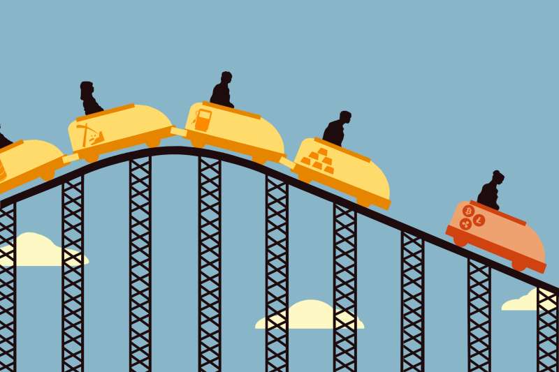 A rollercoaster with Bitcoin coins stock car, followed by various commodities cars.