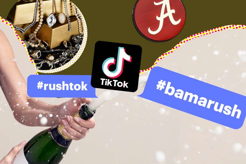 Photo collage of champagne opening, jewelry spilling from boxes, tiktok logo with hashtag bubbles #bamarush #rushtok